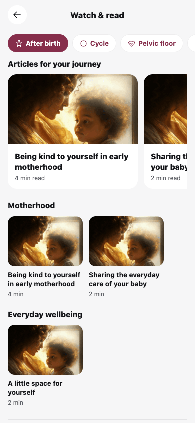 Parenting guides screen in the Eloy Health app