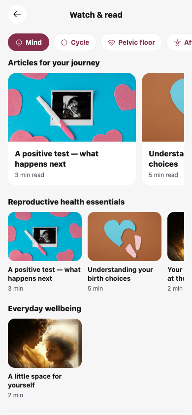 Pregnancy guides screen in the Eloy Health app